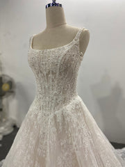Lace A Line Wedding Dress Square Neck Spaghetti Strap Beaded Corset Chapel Train