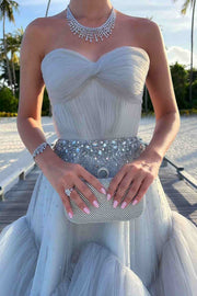 Strapless A-Line Beads Empire-Waist Tiered Tulle Long Formal Dress