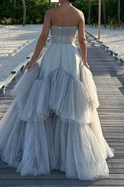 Strapless A-Line Beads Empire-Waist Tiered Tulle Long Formal Dress