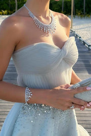 Strapless A-Line Beads Empire-Waist Tiered Tulle Long Formal Dress