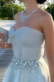 Strapless A-Line Beads Empire-Waist Tiered Tulle Long Formal Dress