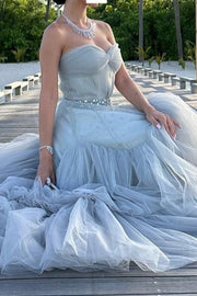 Strapless A-Line Beads Empire-Waist Tiered Tulle Long Formal Dress