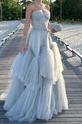 Strapless A-Line Beads Tiered Tulle Long Prom Formal Dress
