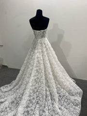 Off Shoulder Wedding Dress A-line 3D Floral Lace Tulle Corset Detachable Long Sleeve