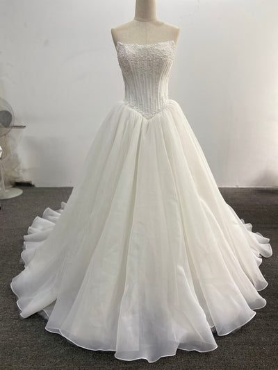 Strapless Beaded Wedding Dress Corset Ball Gown Organza Pleated Skirt
