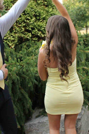 Yellow Strapless Bodycon Pleats Mini Dress