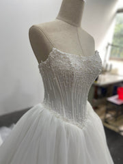 Strapless Beaded Wedding Dress Corset Ball Gown Organza Pleated Skirt