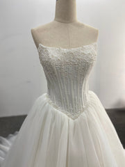 Strapless Beaded Wedding Dress Corset Ball Gown Organza Pleated Skirt