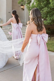 Sheath Strapless Pleated Pink Satin Floor Length Bridesmaid Dress, Bow Straps Slit