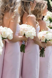 Sheath Strapless Pleated Pink Satin Floor Length Bridesmaid Dress, Bow Straps Slit