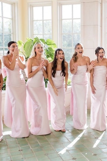 Sheath Strapless Pleated Pink Satin Floor Length Bridesmaid Dress, Bow Straps Slit Sheath Strapless Pleated Pink Satin Floor Length Bridesmaid Dress, Bow Straps Slit