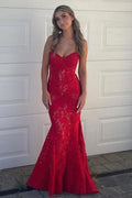 Mermaid Strapless Red Sleeveless Lace Backless Long Prom Dress