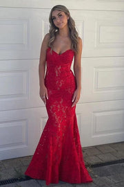 Mermaid Strapless Red Sleeveless Lace Backless Long Prom Dress