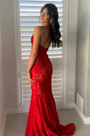 Mermaid Strapless Red Sleeveless Lace Backless Long Prom Dress