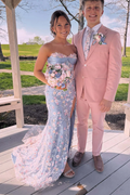 Strapless Sweetheart Blue Lace Floral Mermaid Long Prom Dress
