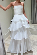 Strapless Tiered Straight Sleeveless Ruffles White Prom Formal Dress