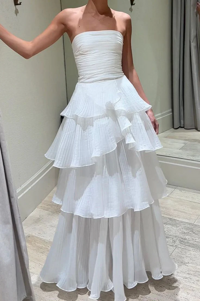 Strapless Tiered Straight Sleeveless Ruffles White Prom Formal Dress