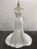 Strapless Mermaid Wedding Dress Ivory Lace Satin Pearl Chain Straps Court