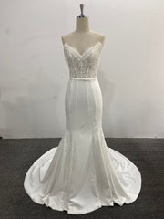 Strapless Mermaid Wedding Dress Ivory Lace Satin Pearl Chain Straps Court