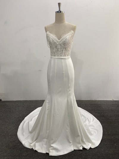Strapless Mermaid Wedding Dress Ivory Lace Satin Pearl Chain Straps Court