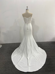 Strapless Mermaid Wedding Dress Ivory Lace Satin Pearl Chain Straps Court