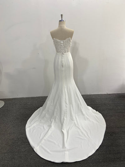 Strapless Mermaid Wedding Dress Ivory Lace Satin Pearl Chain Straps Court