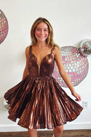 A-Line Straps Plunging Backless Bronze Metallic Pleated Short Homecoming Dress