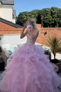 Spaghetti Straps Ruffles Pink Satin Tulle Long Prom Dress, Lace