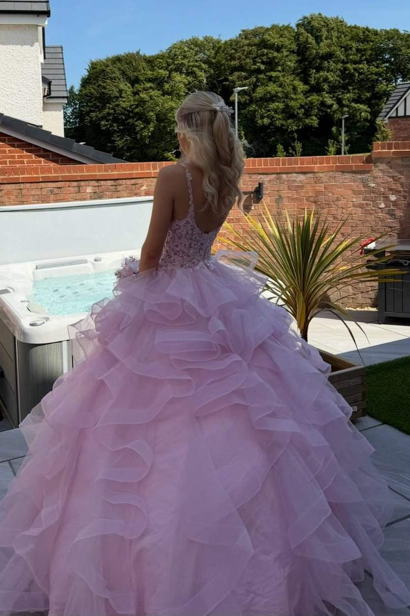Spaghetti Straps Ruffles Pink Satin Tulle Long Prom Dress, Lace ...