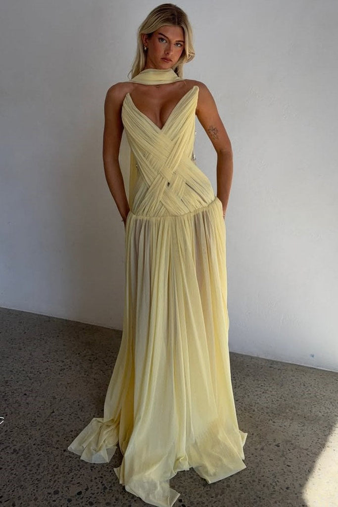 Yellow Chiffon Satin A-Line Strapless V-Neck Pleated Prom Dress, Crystals