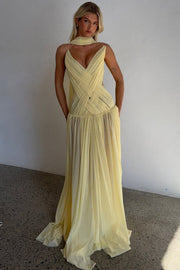 Yellow A-Line Strapless V-Neck Pleated Chiffon Long Prom Dress