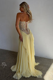 Yellow A-Line Strapless V-Neck Pleated Chiffon Long Prom Dress