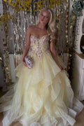 Yellow Strapless V-Neck Satin Tulle A-Line Ruffles Long Prom Dress