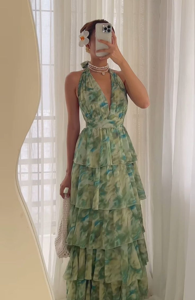 Summer Floral Tiered Maxi Dress with Halter Neckline - Princessly Summer Floral Tiered Maxi Dress with Halter Neckline - Princessly