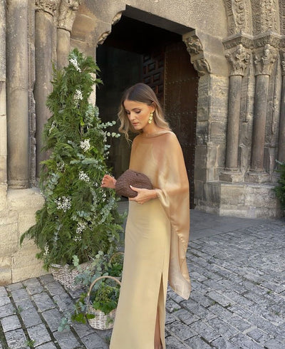 Terracotta Satin Slit Slip Dress with Sheer Tulle Wrap