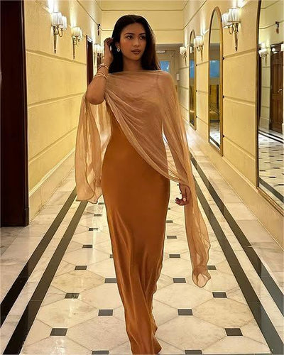 Terracotta Satin Slip Dress with Sheer Tulle Wrap