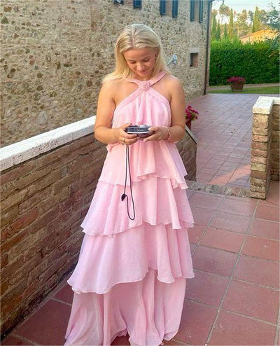 Tiered Chiffon Maxi Gown with Rosette Halter Neck