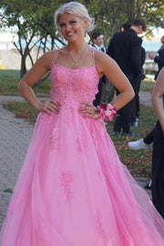 A-line Spaghetti Straps Crisscross Floor Length Pink Tulle Prom Dress, Lace Slit