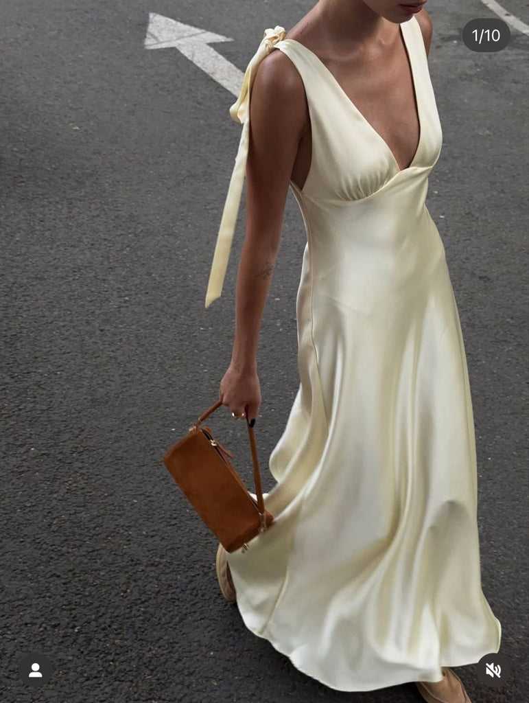 V-Neck Bias-Cut Satin Gown with Tie-Shoulder Detail V-Neck Bias-Cut Satin Gown with Tie-Shoulder Detail