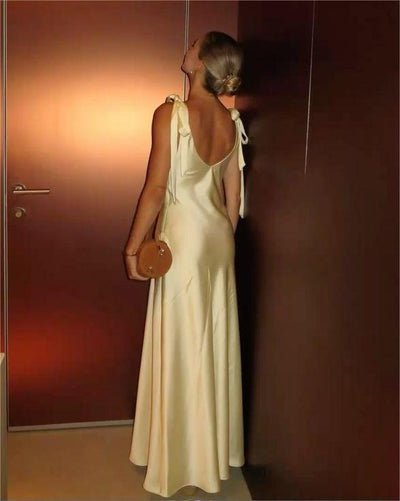 V-Neck Bias-Cut Satin Gown with Tie-Shoulder Detail