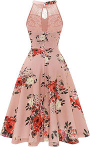 Vintage Floral Printed Halter Neck Midi Dress