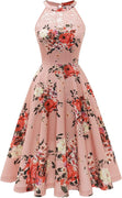 Vintage Floral Printed Halter Neck Midi Dress