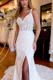 Mermaid V Neck Straps White Floral Lace Floor Length Wedding Dress, Slit Buttons