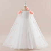 Princess Flowers Off Shoulder Tulle Long Formal Party Girl's Dress, Cape Sleeves Sash