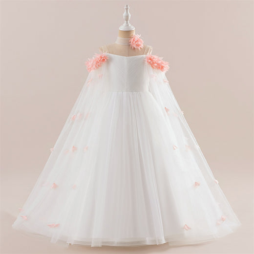 Princess Flowers Off Shoulder Tulle Long Formal Party Girl's Dress, Cape Sleeves Sash
