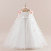 Princess Flowers Off Shoulder Tulle Long Formal Party Girl's Dress, Cape Sleeves Sash