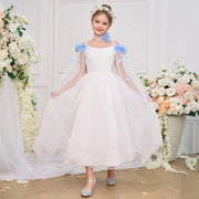 Princess Flowers Off Shoulder Tulle Long Formal Party Girl's Dress, Cape Sleeves Sash