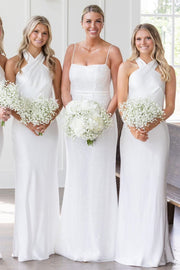 Sheath Black Charmeuse Halter Cutout Back Long Bridesmaid Dress, Bow