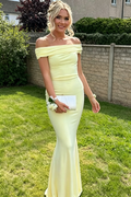 Yellow Off-Shoulder Satin Pleated Sheath Long Formal Prom Dress