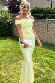 Yellow Off-Shoulder Satin Pleated Sheath Long Formal Dress